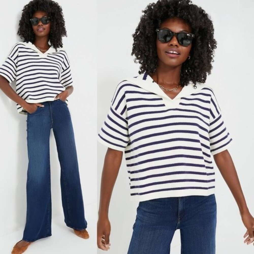 Tuckernuck White and Navy Striped V‑Neck Short‑Sleeve Sweater